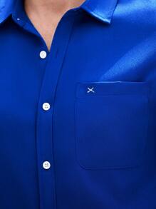 Manfinity Homme 男士纯色单排扣休闲口袋短袖衬衫 - 藍色 - 查看 4