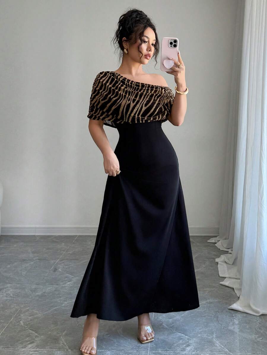 Rafferiza Asymmetrical Neck Striped Patchwork Bodycon Sexy Elegant Party Dress - Black - View 1