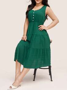 SHEIN LUNE Plus Size Sleeveless Mid-Length Dress With Textured Fabric And Elastic Waist Old Money Style Women Brunch Outfits For Women Airport Outfit Cowgirl Summer Outfits For Women Graduation Spring Women Summer Clothes Graduation Easter Outfit Women Spring Summer Clothes Vacation