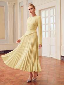 ZEYLAH 女士优雅纯色褶皱下摆连衣裙