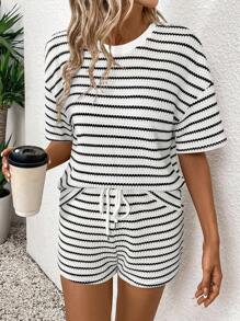 SHEIN LUNE Women's Striped Crew Neck Drop Shoulder Top And Tie-Waist Shorts Casual 2 Pieces Set Casual Sets For Women Summer Clothes For Women