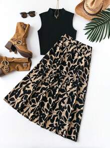 SHEIN Tall Bộ 2 áo vest dệt kim thanh lịch cỡ lớn và chân váy in họa tiết cho nữ, mùa xuân/hè - Nhiều màu - Xem 3