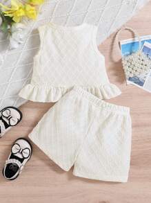 SHEIN 女婴休闲荷叶边圆领蝴蝶结装饰纽扣上衣和短裤套装，纯色开衫/上衣和短裤套装，适合春夏日常穿着和度假