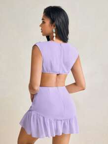 Mykaelle Rosa Women's Purple Chiffon Hollow Waist Ruffled Hem Ruched Shoulder Spring And Summer Mini Dress Women Sundress - Purple - View 2