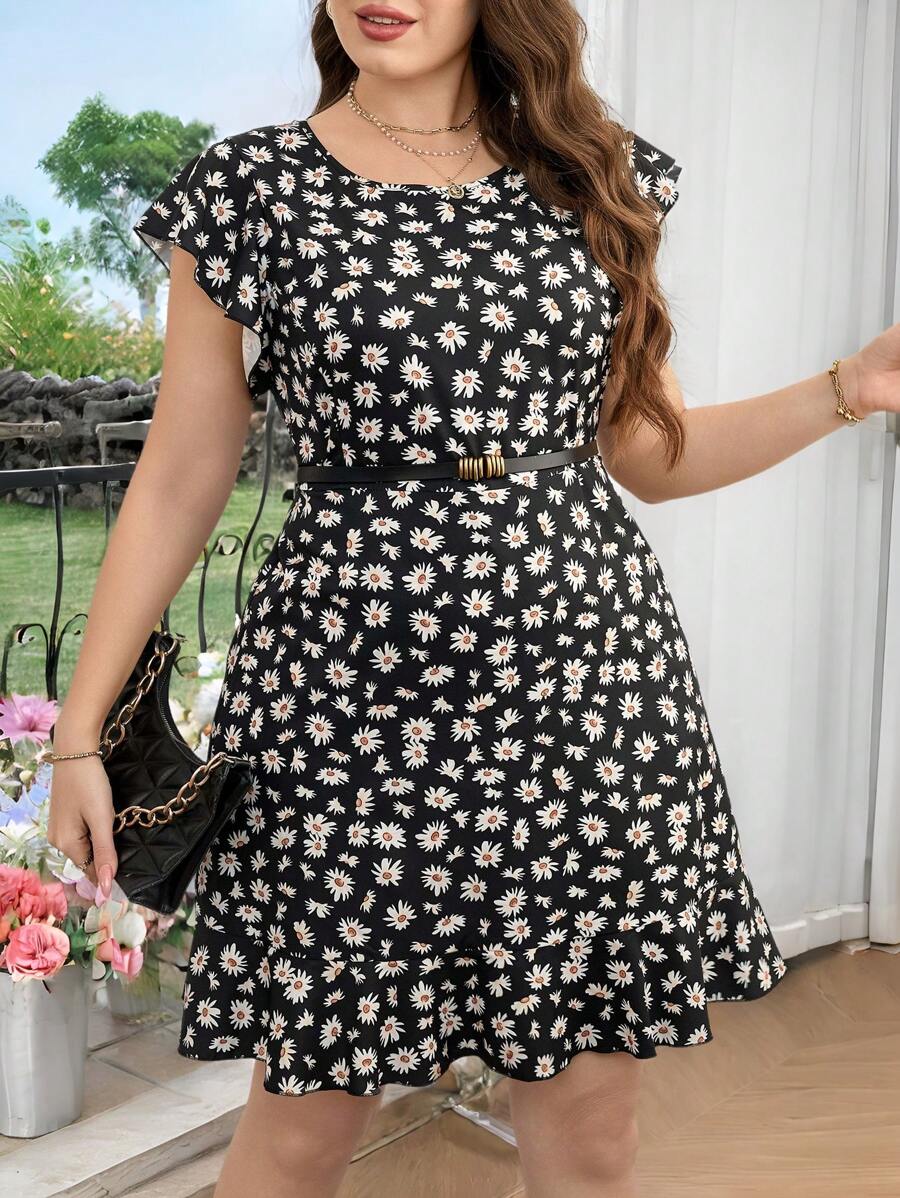 SHEIN Clasi Váy dài đến đầu gối họa tiết hoa nhỏ xinh xắn tay bèo nhún mùa hè cỡ lớn cho nữ, Váy nghỉ dưỡng cho nữ, Váy mùa hè cho nữ, Váy đi chơi cho nữ, Lễ hội, Tiền cũ, Kỳ nghỉ xuân, Váy ngày Thánh Patrick, Váy lễ Phục sinh cho nữ, Váy dự tiệc cưới cho nữ, Váy mùa hè, Váy tốt nghiệp, Váy sinh nhật cho nữ, Váy hoa nhỏ xinh, Váy bồng bềnh, Váy nghỉ xuân cho nữ, Váy thanh lịch, Váy dễ thương cho nữ, Váy đi biển, Trang phục ngày lễ Boho - màu đen - Xem 1
