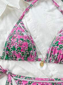 SHEIN Swim Women's Ditsy Floral Spaghetti Strap Ruffled Bikini Set, Sexy Summer - Multicolor - View 3