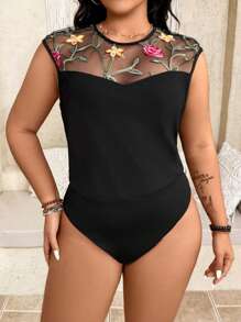 SHEIN Clasi Plus Size Embroidery Mesh Patchwork Bodysuit, Women Summer Outfits For St. Patrick's Day, Rave, Festival, Spring Break, Bohemian