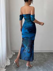 Elenzga 女士优雅露肩扎染开衩修身连衣裙，秋季长款女装 - 水鴨藍 - 查看 2