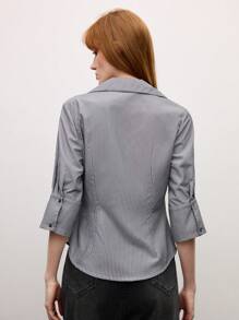 BizChic Nouvelle chemisier rayé à manches 3/4 avec ceinture à la taille, élégant pour le travail, les sorties, les trajets domicile-travail ou les vacances, pour femmes, printemps/été - Noir et Blanc - Voir 3