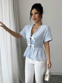 Elenzga Women's Short Sleeve Casual Plaid Collar Tie Shirt - Baby Blue - View 5