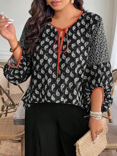 Breezaya Plus Size Women's Loose Ditsy Floral Chiffon 3/4 Sleeve Retro Cover Up Casual Top For Spring And Summer