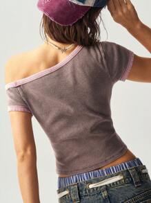 Bohemela Boho Knitted Color Block Asymmetrical Neck Short Sleeve Fitted Cropped Washed Women T-Shirt, Spring/Summer - Rust Brown - View 7