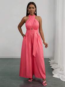 Slaydiva Neue Ärmellose Jumpsuit mit V-Ausschnitt, elastischem Bund, Taschen, Urlaubs-Lässig Rosé-Rot, Frühling/Sommer - Heißes Pink - Übersicht 5