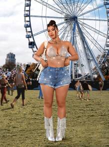 SHEIN ICON Luxury Rhinestone Embellished Plus Size Denim Ultra Shorts - Medium Wash - View 6