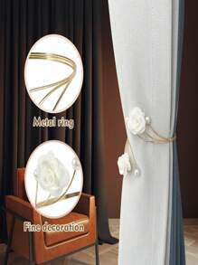 SHEIN 2 件装窗帘系带，红玫瑰配珍珠窗帘系带，装饰性金色窗帘系带，手工制作花朵窗帘系带，无需钻孔，波西米亚风窗帘架，适用于家庭办公室装饰 - 米色 - 查看 3