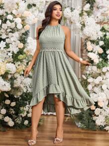 SHEIN LUNE Ruffled Jacquard Asymmetric Hem Lace Insert Elegant A-Line Wedding Dress - Green - View 7