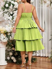 SHEIN LUNE Váy xếp ly nhiều lớp, dây lưng nhún bèo cỡ lớn cho nữ - màu xanh lá - Xem 2