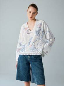 SHEIN Privé New V-Neck Plant Print Women Long Sleeve Blouse Top, Spring/Summer - White - View 3