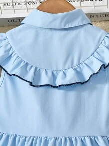 SHEIN Back To School Girls Academy Style Sleeveless Blue & White Ruffle Trim Cardigan Dress
