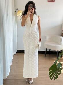 Chiquease Women Textured Bodycon Waist Cinching Fishtail Maxi Elegant Dress Fall Cloth For Women - Apricot - View 3