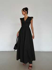 Siren Gaze 女士纯色 V 领中长连衣裙，飞袖，100% 纯棉，褶皱腰身 A-Pulse 连衣裙，亚麻女装