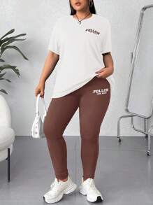 SHEIN EZwear 2 件套大码字母印花 T 恤和紧身裤 - 棕色 - 查看 3