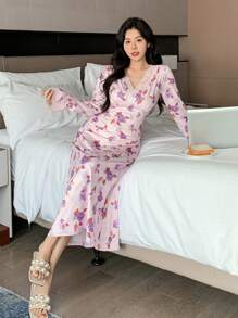 DAZY Spring Romantic Floral All-Over Print Lace Trim Ruffled Cuff Waist Cinching Nightgown Pajama - Purple - View 3