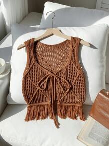 Comfortcana 女式西式纯色镂空流苏下摆前系带针织背心