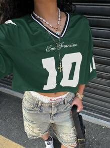 Muchica 女士短款绿色缎面撞色网眼数字印花 T 恤，Rave 上衣 - 墨綠色 - 查看 3