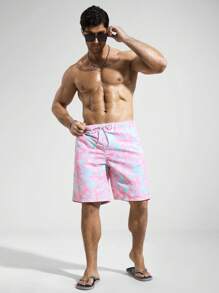 Manfinity KASUA Men's Tropical Plant Print Drawstring Waist Pocket Beach Shorts - Multicolor - View 4