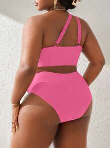 Slaydiva Plus Size Solid-Color Tankini Swimwear Set, Vacation Beach-Wear For Summer - Pink - View 2