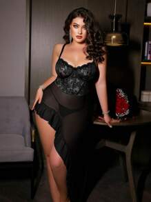Seduluxe Set de 2 piezas lencería tipo babydoll de encaje con contraste de malla y tanga para tallas grandes