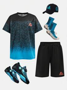 SHEIN Tween Boys 2pcs Set: Round Neck Raglan Short Sleeve Graphic Print T-Shirt & Elastic Waist Printed Shorts, Summer Activewear Outfit - Blue - View 7