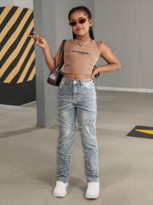 Girls' New Denim Layered Ripped Washed Straight Tassel Fashionable Casual Jeans - Medium Wash - View 7