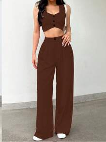 INAWLY Conjunto de 2 piezas para mujer con top de tirantes de unicolor y pantalones, casual y de moda, adecuado para el verano - Marrón Mocha - Ver 3