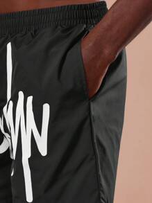 SUMWON Premium Athletic Swim Trunks With Urban Graffiti Logo Design, Beach Vacation Swimming Board Shorts, Summer Water Sports Surf Wear, Pool Party Essential - Black - View 6