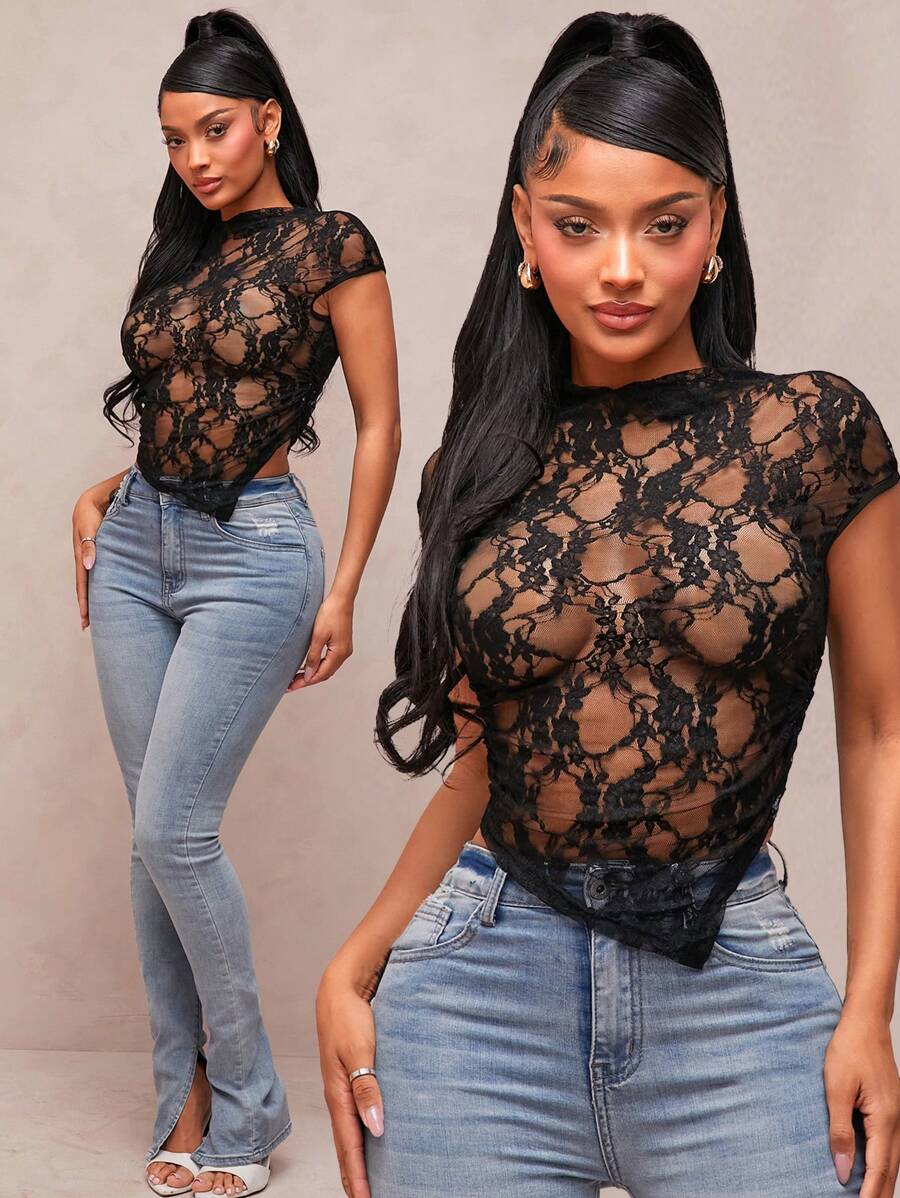 SHEIN SXY 基础款休闲百搭夏季新款黑色蕾丝透视不对称下摆性感上衣，适合夜店、情侣约会、酒吧等场合 - 綠色 - 查看 1