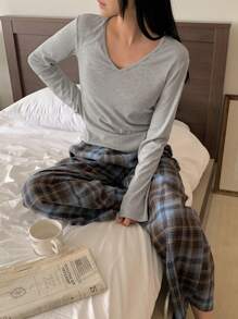 DAZY 2pcs Women Spring Casual Loose Comfy Lounge Set, Home Wear, Cozy Outfits, Fall Winter Clothes - Light Grey - View 1