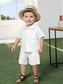 2 Peças Conjunto de Bebê/Menino Bebê - 1 Camisa Branca de Manga Curta com Textura e 1 Shorts, Conjunto Casual Confortável para Todas as Ocasiões no Verão - Branco - Visão 10