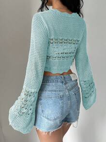 Flirla Áo len cardigan dài tay khoét rỗng phía trước màu trơn cho nữ, trang phục đi nghỉ - Màu xanh lam - Xem 2