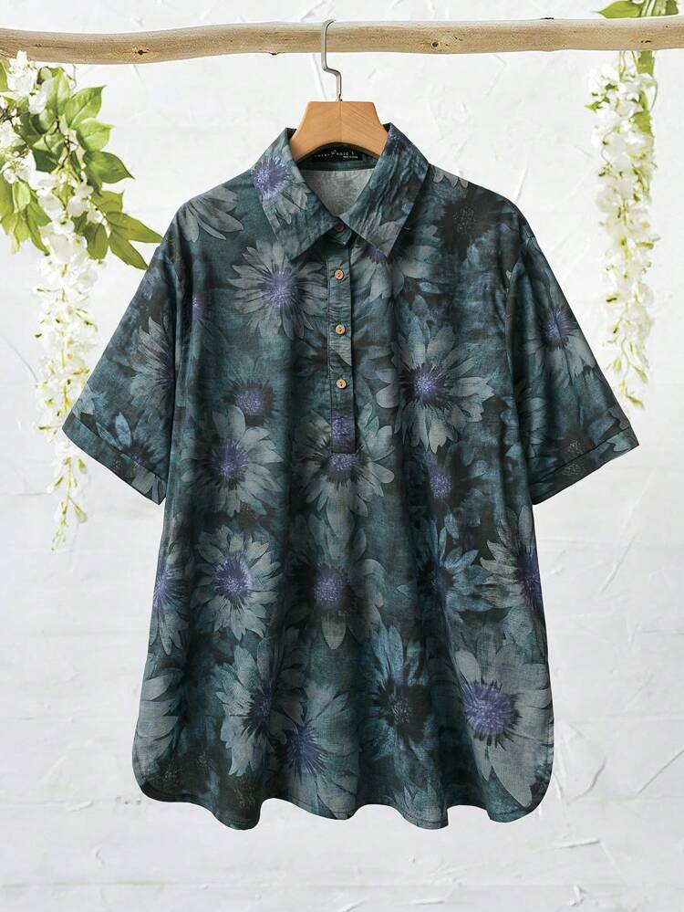 Women Sunflower Print Short Sleeve Single Breasted Loose Casual Shirt
