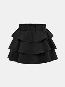 SHEIN Tween Girls' Casual Solid Color Ruffle Hem Cake Skirt - Black - View 3
