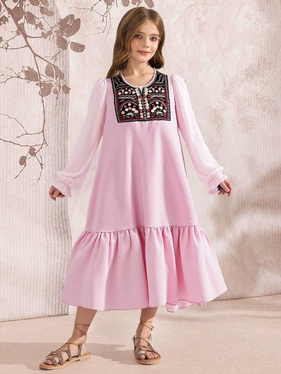 SHEIN Explorewe Gaun Anak Perempuan Remaja Elegan dengan Kerah Lepas Pasang, Motif Bunga, Model A-Line, Lengan Panjang Transparan, Serbaguna untuk Acara Kasual, Liburan, Pesta, Pakaian Sehari-hari, Musim Semi/Panas - Berwarna merah muda - View 1