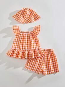 SHEIN Young Girls' Casual Holiday Plaid Elegant Ruffle Sleeve Top + Plaid Shorts + Bucket Hat 3Pcs Set, Spring/Summer - Yellow - View 7