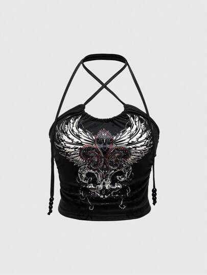 Goth Top de tirantes con cuello de halter, fruncido y con estampado de alas para mujer