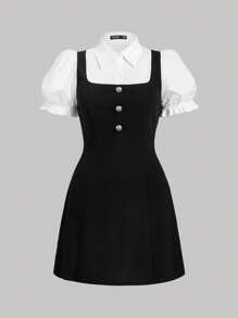 SHEIN MOD Spring And Summer New Women Plus Size Ruffle Puff Sleeve Knitted College Style Dress, Shirt 2 In 1 Design