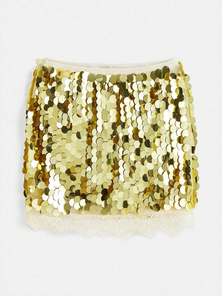 SHEIN Váy mini sequin sang trọng màu trơn cho nữ, thời trang - Vàng - Xem 1