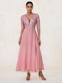 SHEIN Belle 撞色亮片开叉雪纺伴娘礼服优雅正式晚会舞会婚礼宾客礼服，适合毕业典礼、晚宴或节日派对服装 - 粉色 - 查看 6