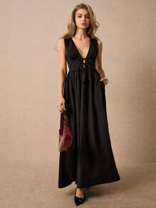 Poéselle Women's Elegant Black Maxi Dress,Summer Night Out Tie-Front Sleeveless Long Dress,Chic Casual Party Outfits,Sleek Resort Dresses For Women - Black - View 6