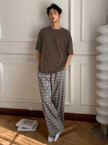 DAZY 夏季纯色短袖 T 恤和复古格子裤男士睡衣套装 - 咖啡棕 - 查看 3